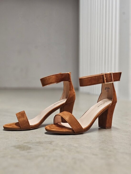 Shoes - Tan Faux Suede Block Heel Sandals With Adjustable Ankle Strap Open Toe Design Wo